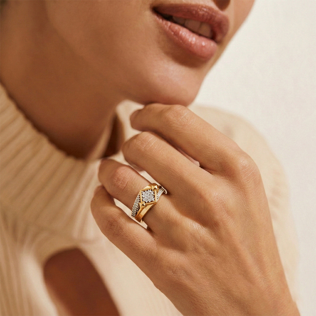 Yellow Gold Cluster Diamond Square Ring