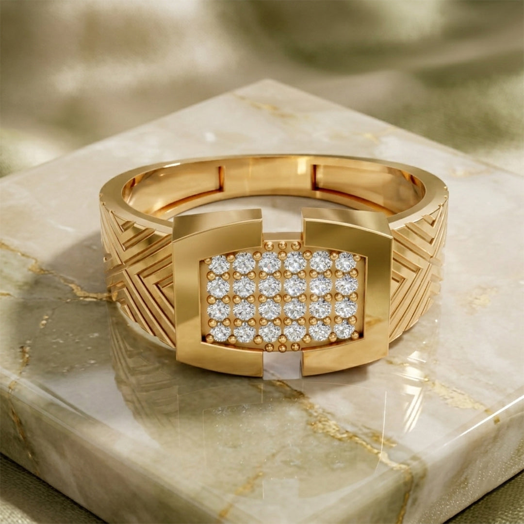 Yellow Gold Diamond Square Signet Style Ring