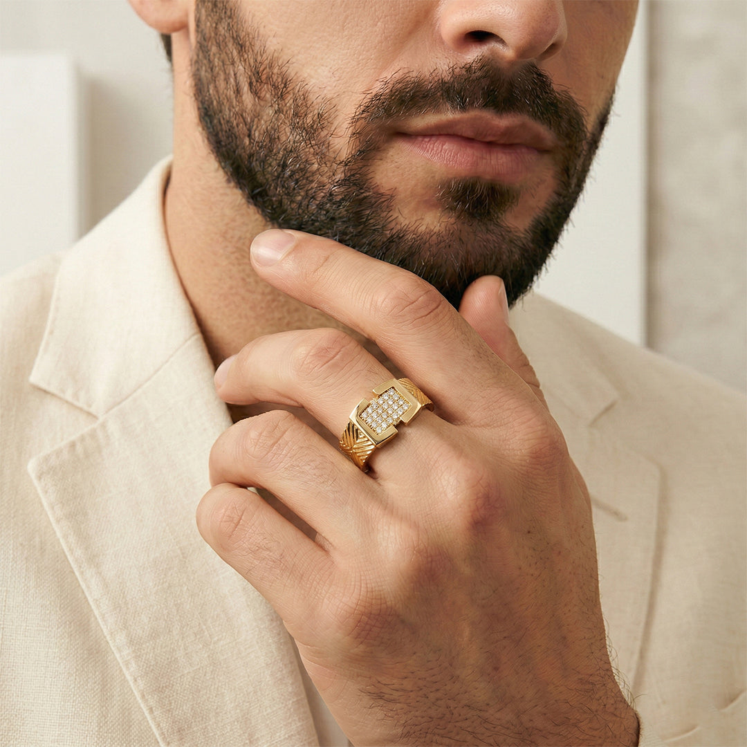 Yellow Gold Diamond Square Signet Style Ring