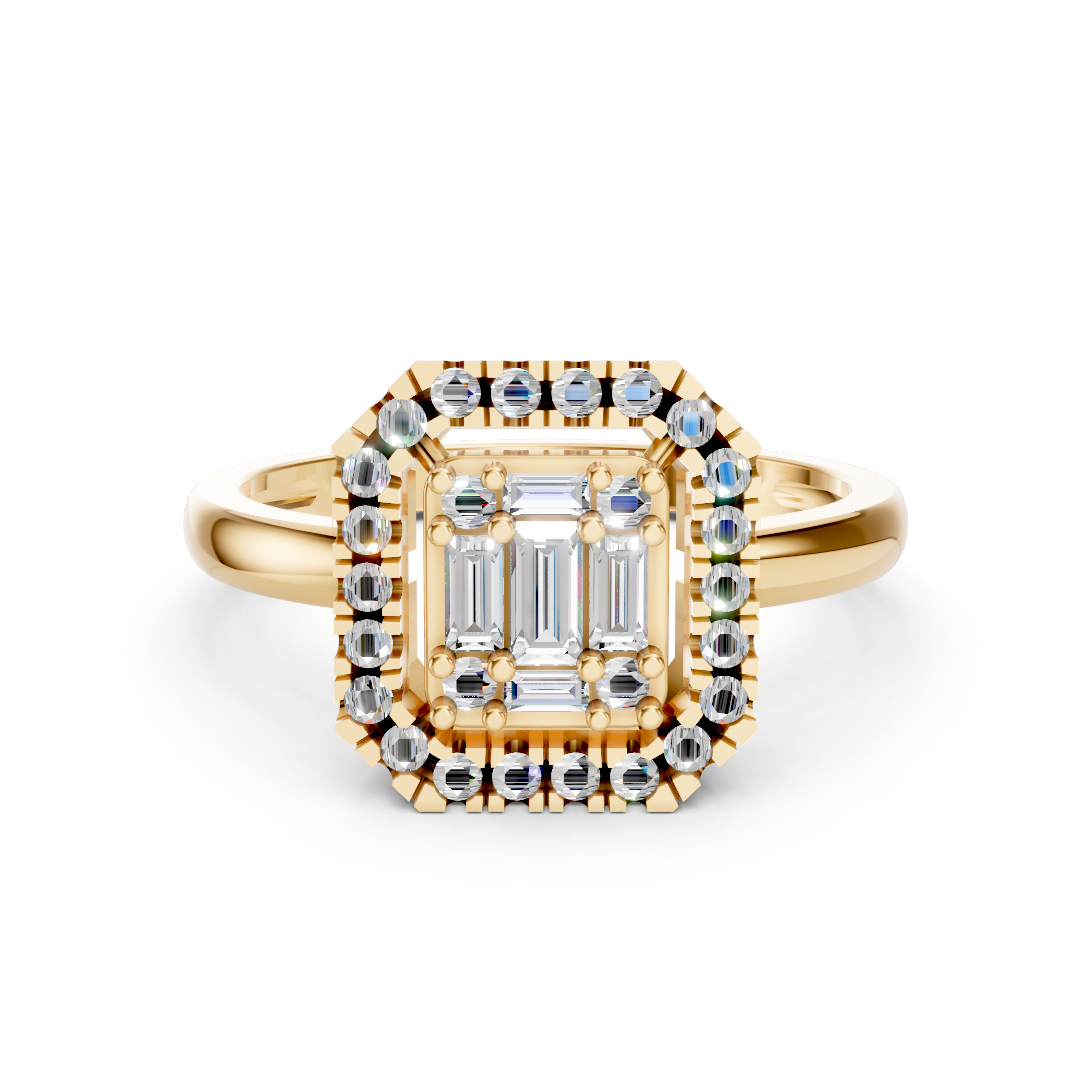 Yellow Gold Baguette Cluster Halo Ring