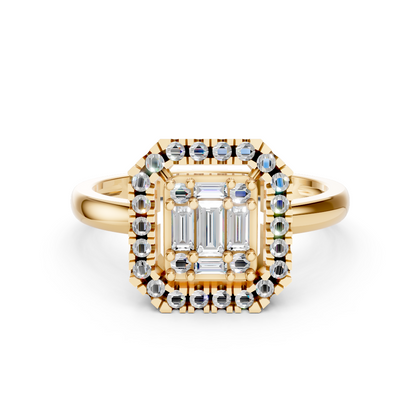 Yellow Gold Baguette Cluster Halo Ring
