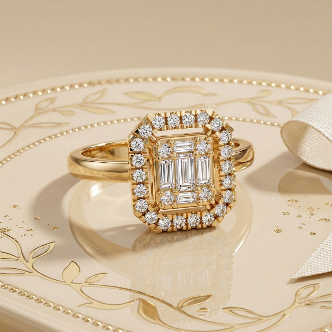Yellow Gold Baguette Cluster Halo Ring
