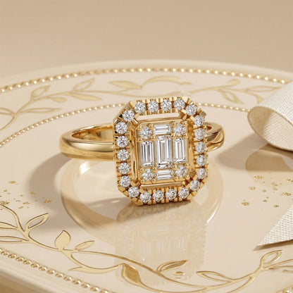 Yellow Gold Baguette Cluster Halo Ring