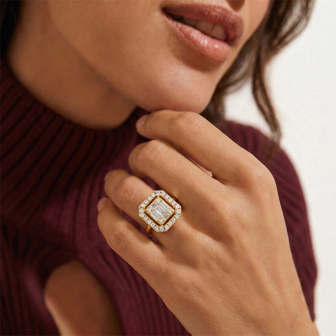 Yellow Gold Baguette Cluster Halo Ring