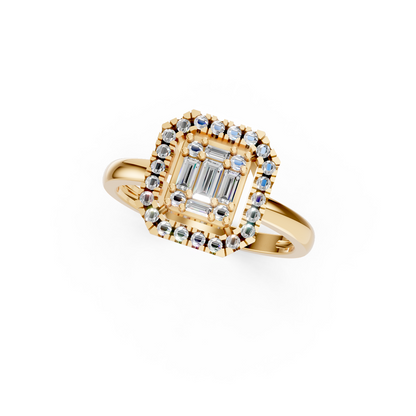Yellow Gold Baguette Cluster Halo Ring
