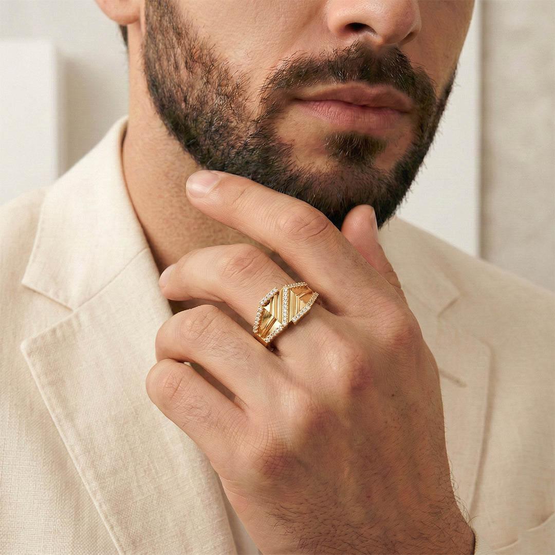 Yellow Gold Wide Chevron Diamond Statement Ring