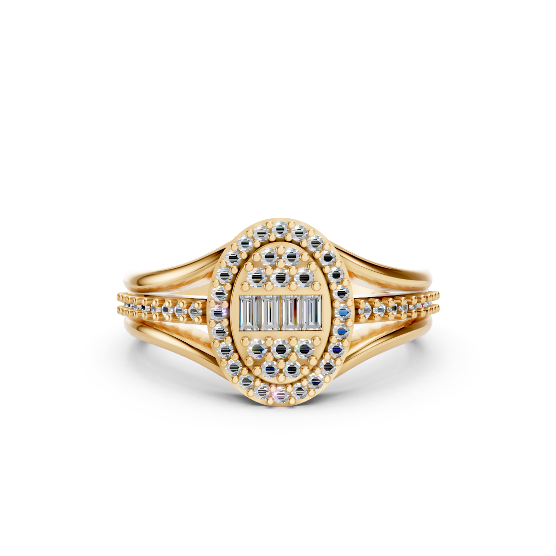 Yellow Gold Oval Baguette Diamond Halo Ring