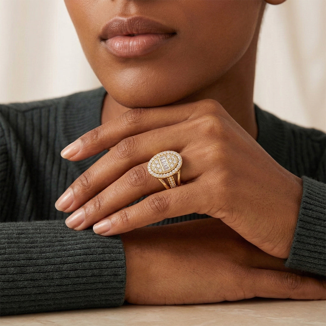 Yellow Gold Oval Baguette Diamond Halo Ring