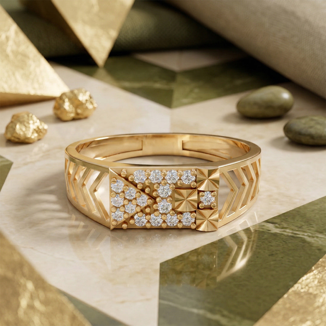 Geometric Cluster Diamond Men's Signet Ring 14K Yellow Gold