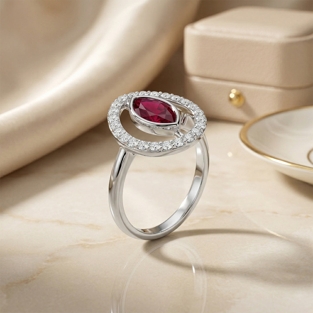White Gold Ruby Open Teardrop Halo Ring