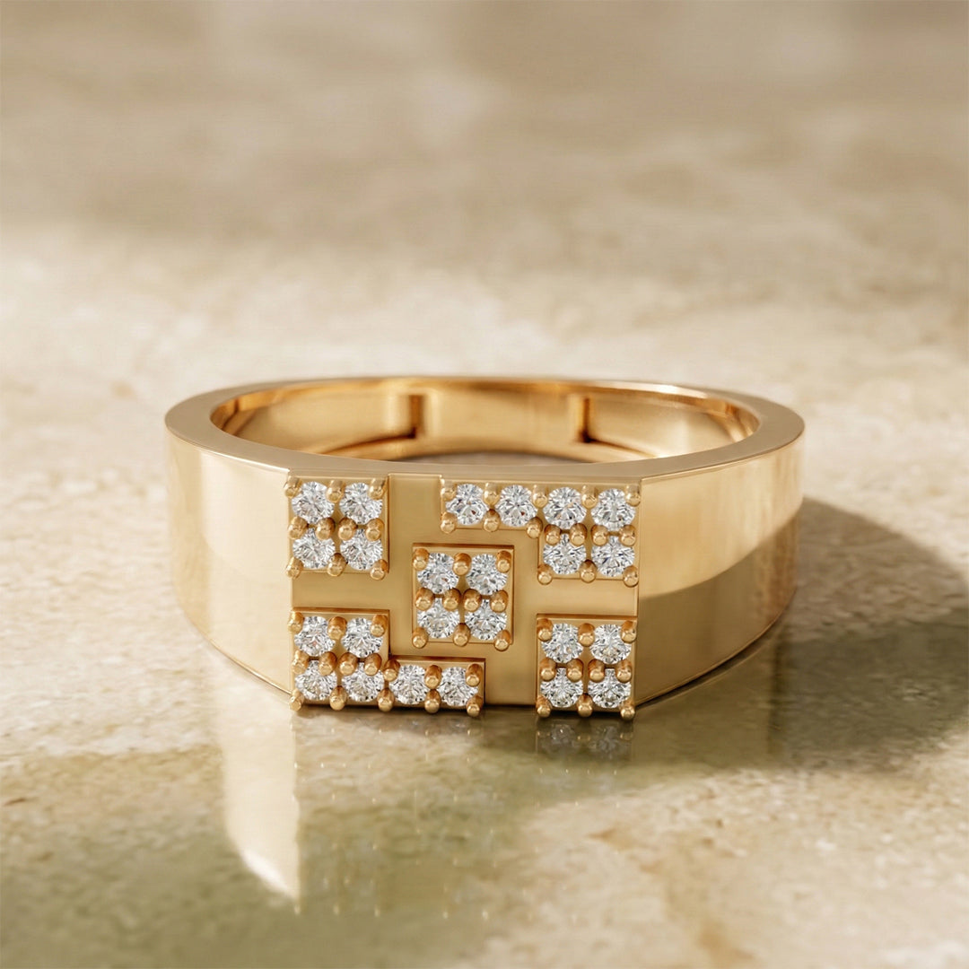 Yellow Gold Swastik Diamond Wide Band Ring