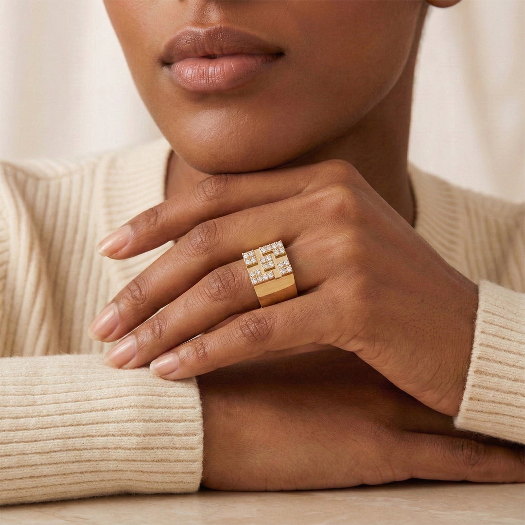 Yellow Gold Swastik Diamond Wide Band Ring