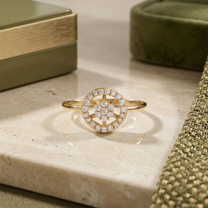 Yellow Gold Diamond Floral Circle Halo Ring