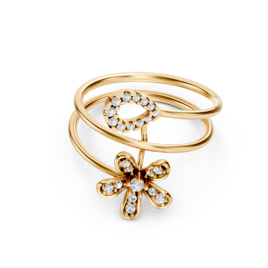 Yellow Gold Diamond Flower Eye Spiral Ring