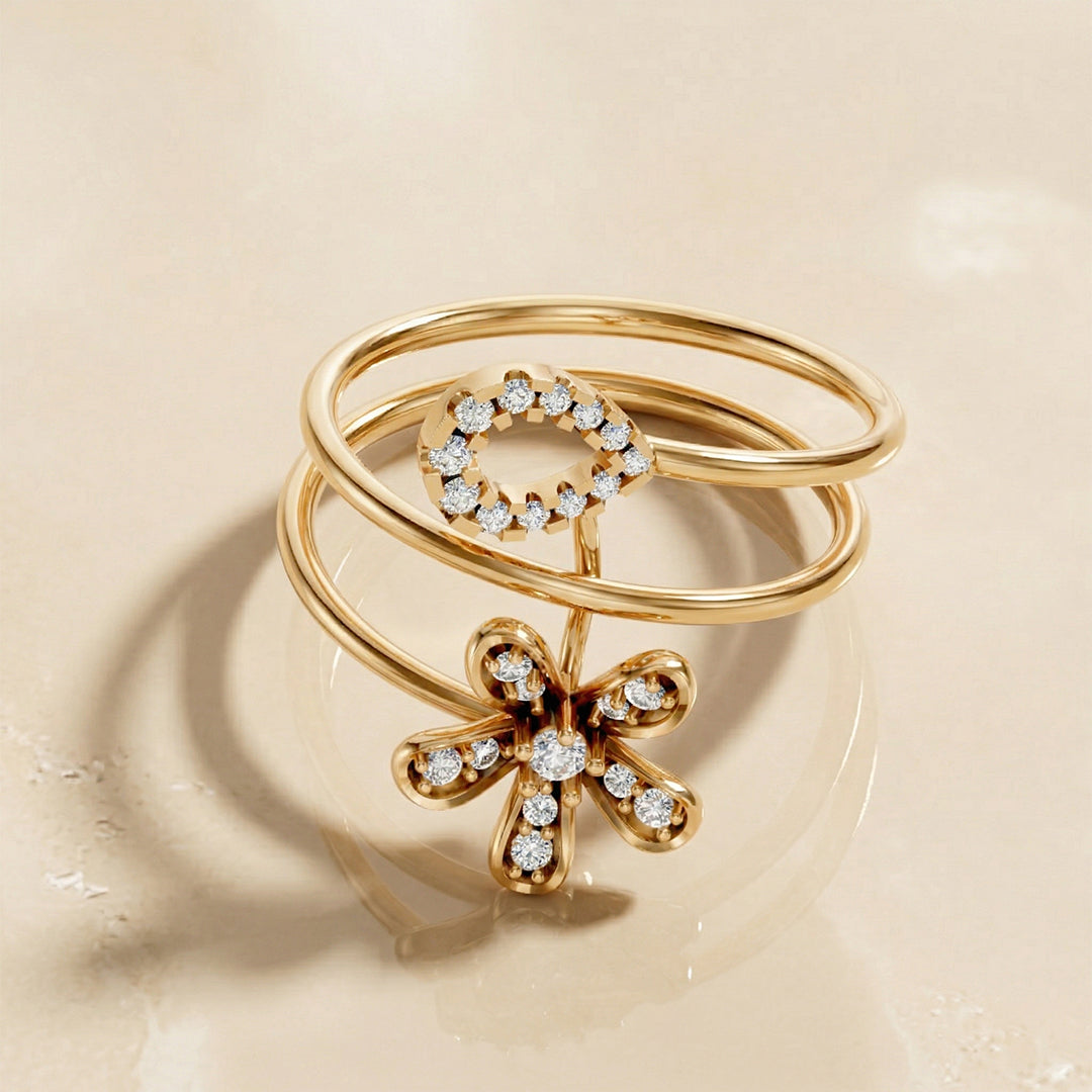 Yellow Gold Diamond Flower Eye Spiral Ring