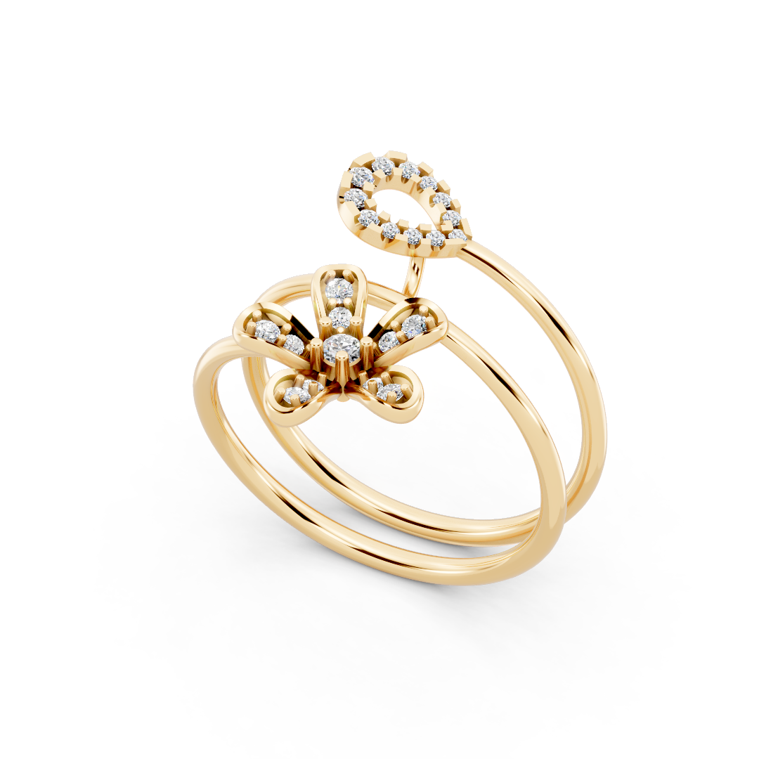 Yellow Gold Diamond Flower Eye Spiral Ring