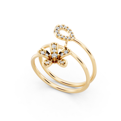 Yellow Gold Diamond Flower Eye Spiral Ring