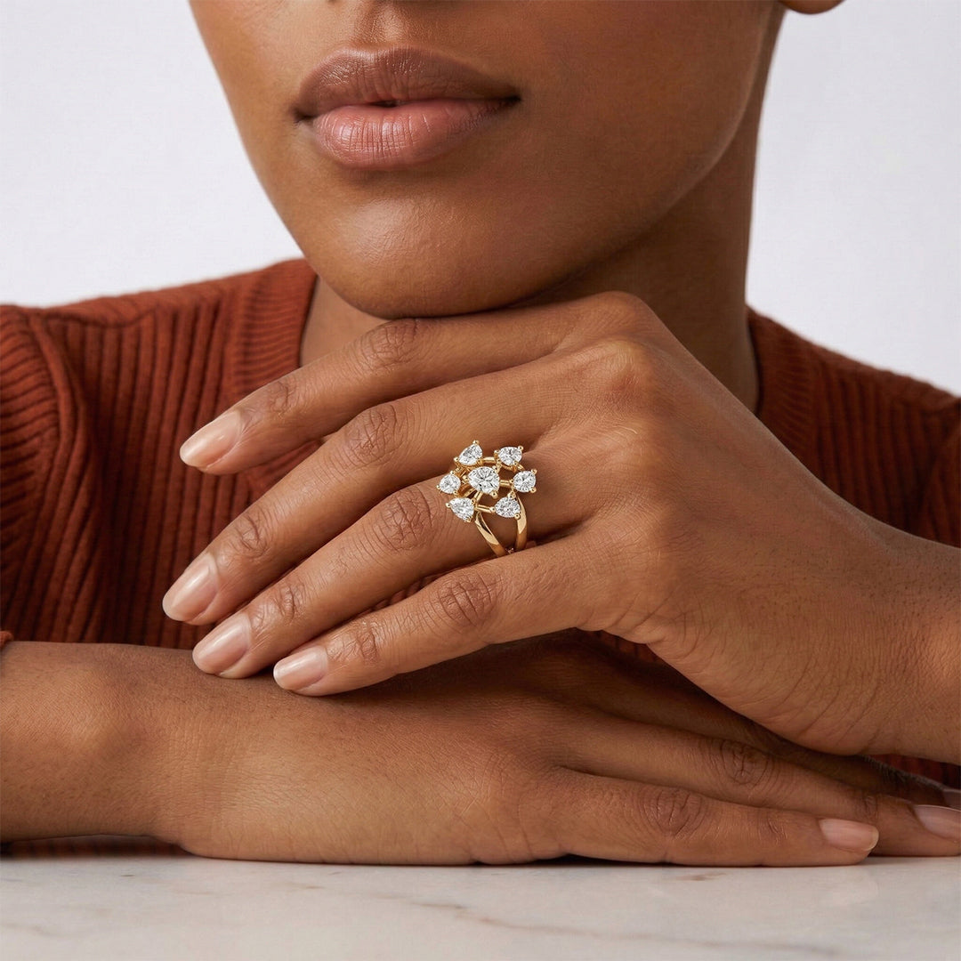 Yellow Gold Pear Cut Cluster Diamond Ring