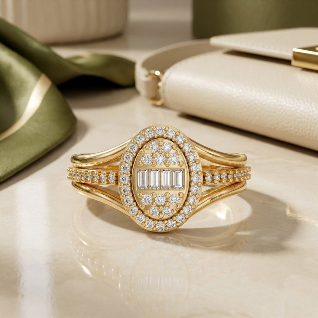 Rose Gold Oval Baguette Diamond Halo Ring